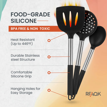 Silicone Kitchen Cooking Utensil Set with Holder, 40Pcs Heat Resistant Set for Nonstick Cookware, Kitchen Gadgets Includes Can Opener, Potato Masher & Peeler, Tongs,Spatulas,Pizza Cutter & More