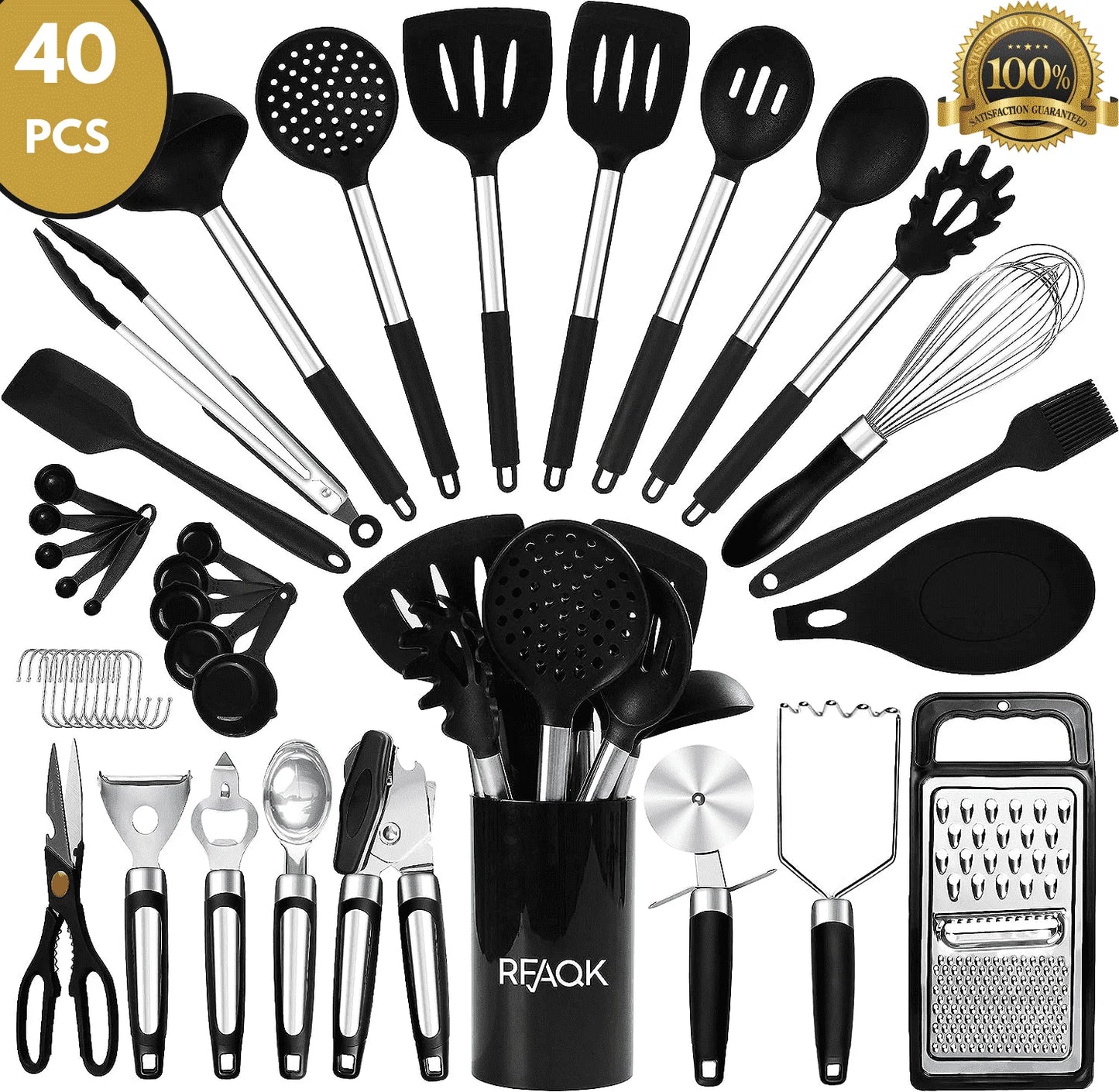 Silicone Kitchen Cooking Utensil Set with Holder, 40Pcs Heat Resistant Set for Nonstick Cookware, Kitchen Gadgets Includes Can Opener, Potato Masher & Peeler, Tongs,Spatulas,Pizza Cutter & More
