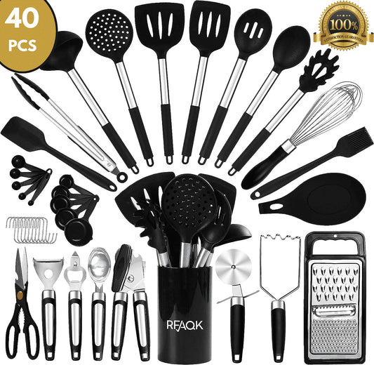 Silicone Kitchen Cooking Utensil Set with Holder, 40Pcs Heat Resistant Set for Nonstick Cookware, Kitchen Gadgets Includes Can Opener, Potato Masher & Peeler, Tongs,Spatulas,Pizza Cutter & More