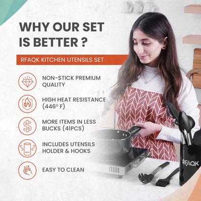 Silicone Kitchen Cooking Utensil Set with Holder, 40Pcs Heat Resistant Set for Nonstick Cookware, Kitchen Gadgets Includes Can Opener, Potato Masher & Peeler, Tongs,Spatulas,Pizza Cutter & More